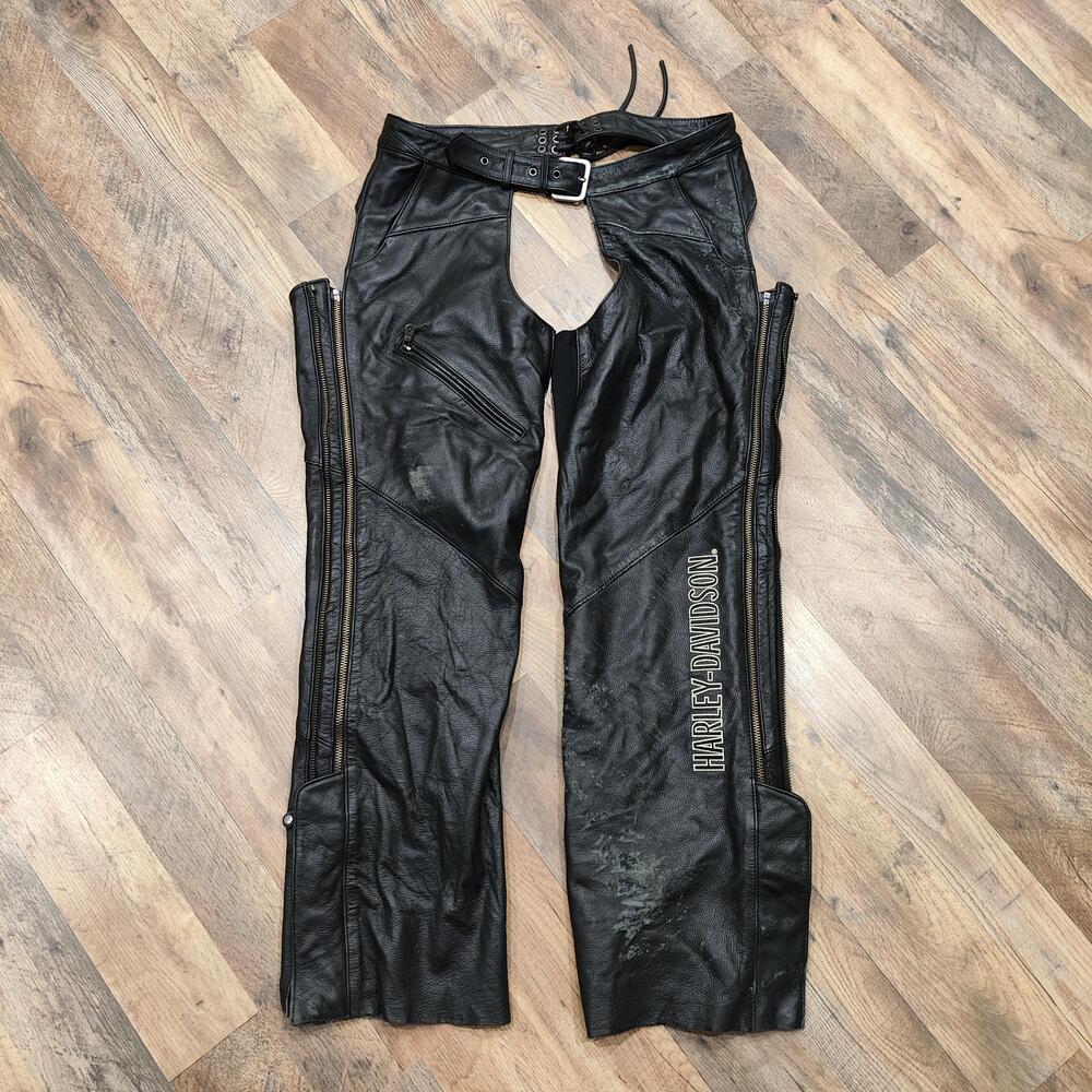 Harley Davidson Chaps Pants Womens Petite L Black Leather Zip Motorcycle